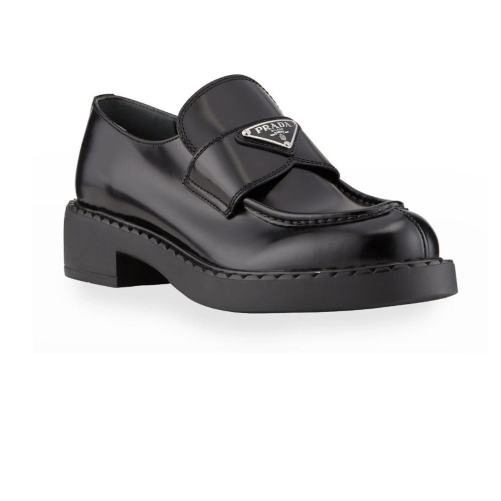 Prada Black Chocolate Leather Triangle Logo Loafers Size EU 40